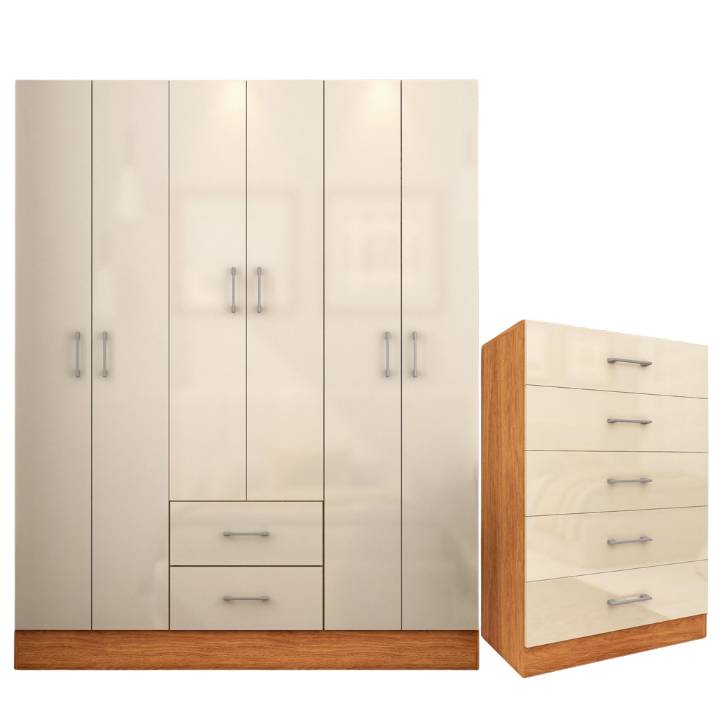 Guarda-Roupa 6 Portas Jamaica 6002 + Cômoda 5 Gavetas Aruba Cinamomo/Off White – FELLICCI - Imagem 3