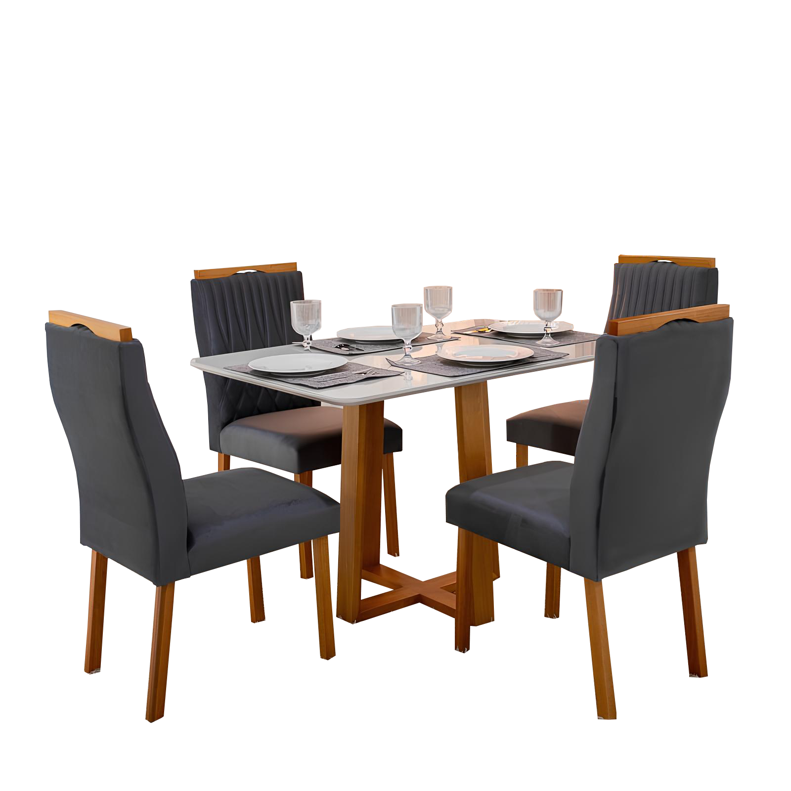 Mesa Pedro 120 Mel/Off White com 4 Cadeiras Gênova Veludo Grafite – ART ASSENTOS - Imagem 3