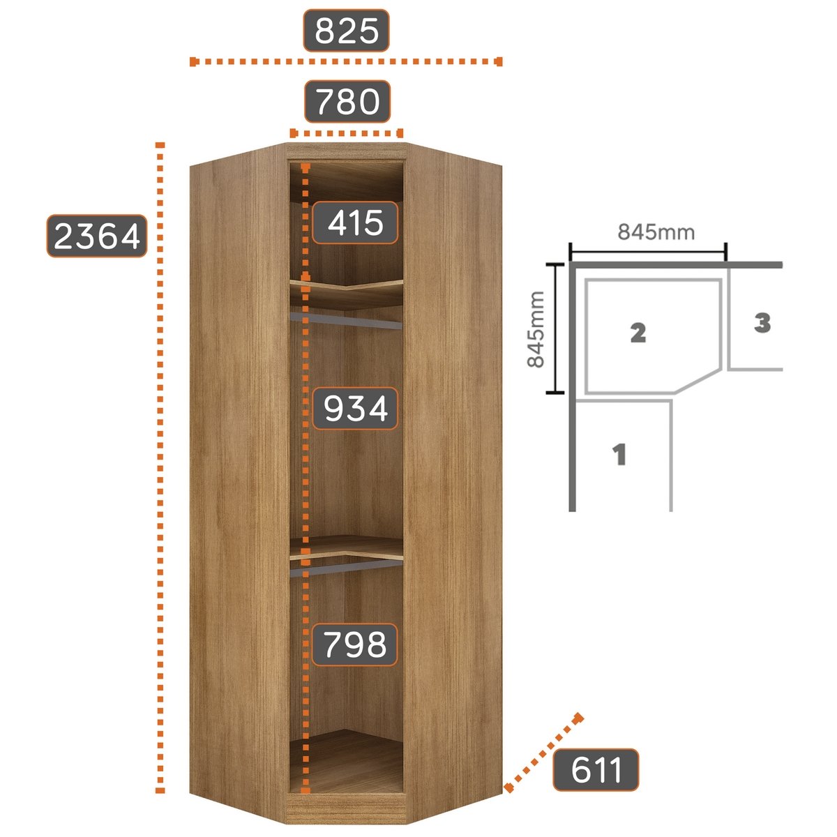 Guarda-Roupa Modulado Rizon 001(Dois Módulos 4 Portas + Um Módulo Canto Oblíquo) Cumaru/Fendi - NOVO HORIZONTE - Imagem 5