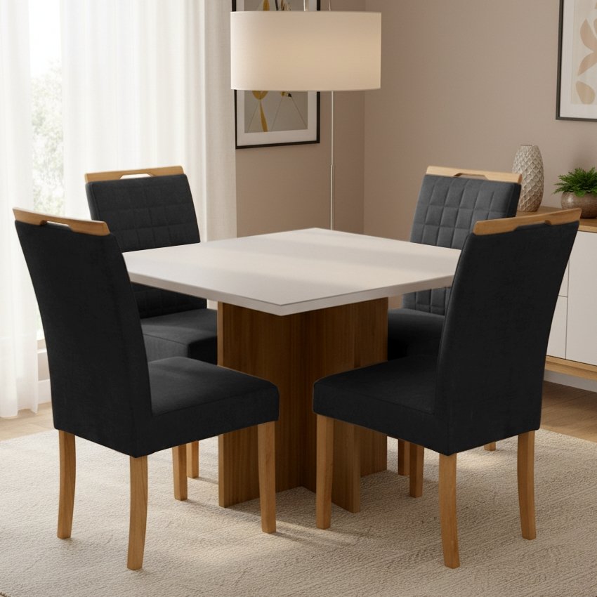 Mesa Salinas/Helô/Los Angeles 90 Cinamomo/Off White com Cadeiras Pandora 01 Veludo Preto 38 – CEL MÓVEIS + CARVALHO DE