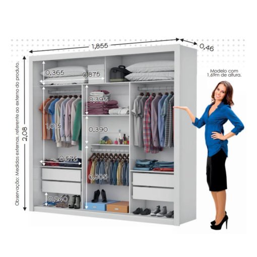Guarda-Roupa Veneza/Clara/Berlim Premium(3 Portas espelhadas) 1,855 m Cinamono/Branco – CARIOCA MÓVEIS - Imagem 3