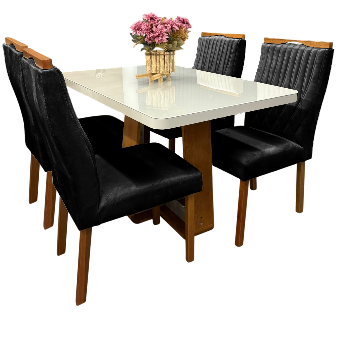 Mesa Sintonia (Tampo Maxi) 120 Amêndoa Clean/Off White com 4 Cadeiras Gênova Veludo Preto – LOPAS + ART ASSENTOS - Imagem 4