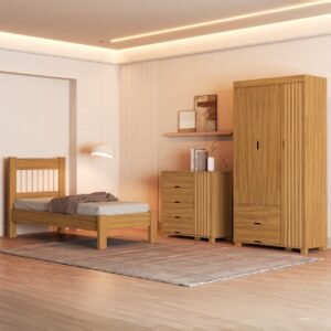 Guarda-Roupa 3 Portas + Cômoda 4 Gavetas com Sapateira + Cama Solteiro Bela Nature - MADEC/VJ MÓVEIS