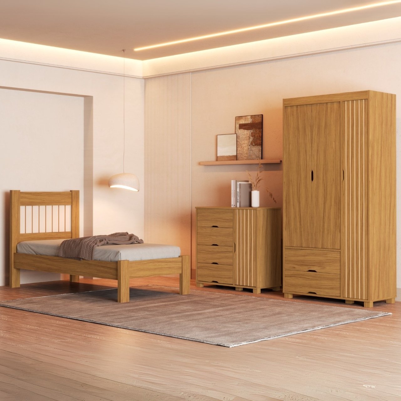 Guarda-Roupa 3 Portas + Cômoda 4 Gavetas com Sapateira + Cama Solteiro Bela Nature - MADEC/VJ MÓVEIS