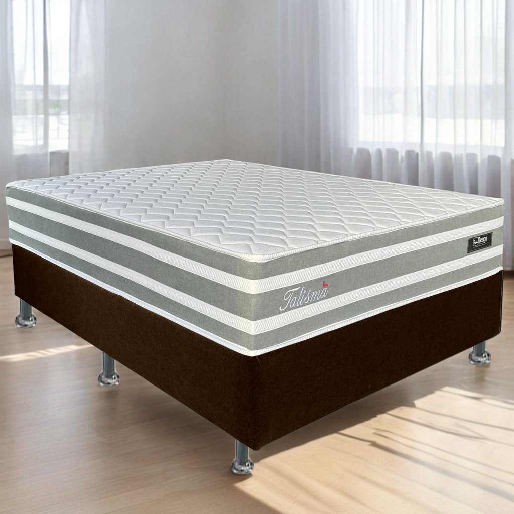 Colchão Casal Talismã D28 + Base Box Simples Corino Marrom – DESIGN COLCHÕES + ALTO NÍVEL CAMAS E COLCHÕES