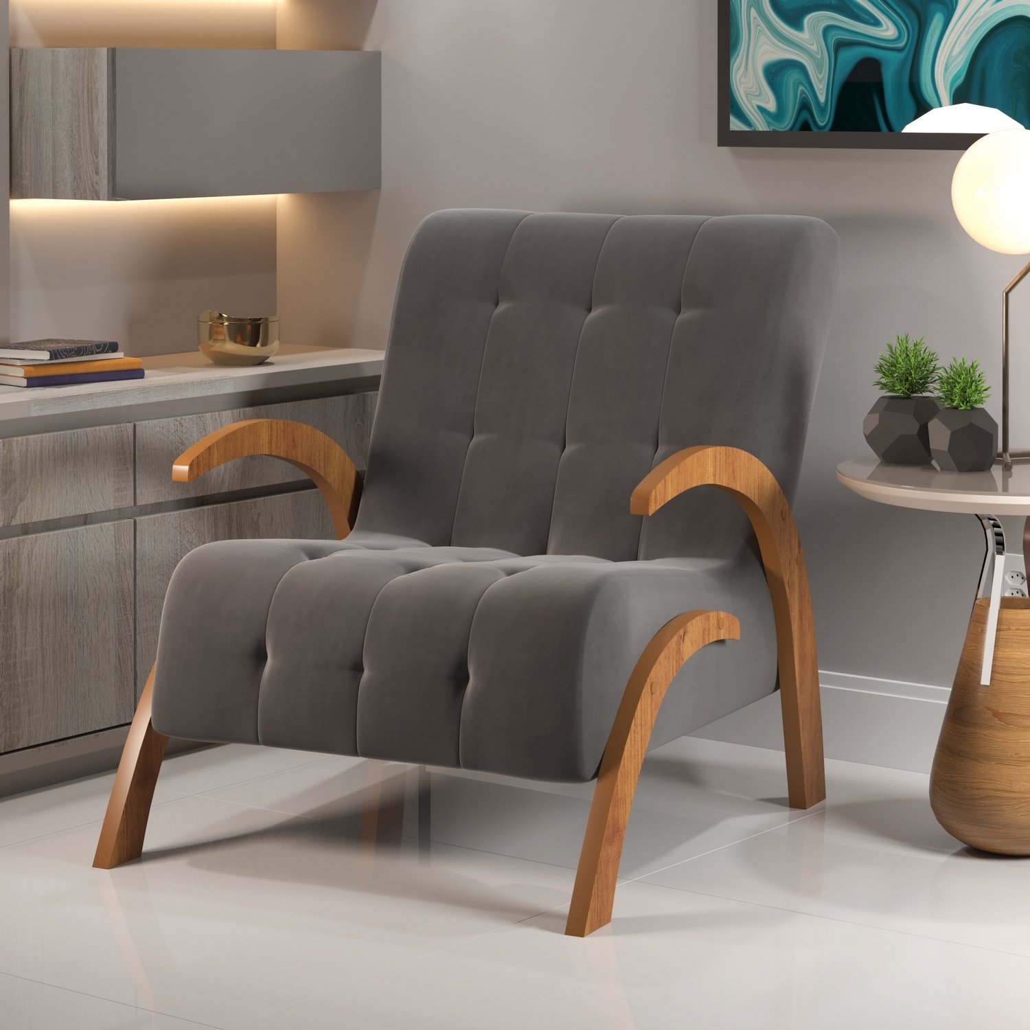 Poltrona Martha/Flower Mel/Veludo Cinza Grafite - VIERO MÓVEIS