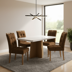 Mesa Jade 120 (Tampo 40 mm) Cinamomo/Off White com 4 Cadeiras Sophia Veludo Marrom – VALDEMÓVEIS + WM DECOR