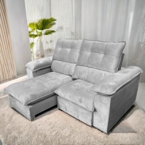 Sofá Retrátil e Reclinável Suíça 2,50 m Veludo Cinza Prata – LEO DECOR(PROMOÇÃO)