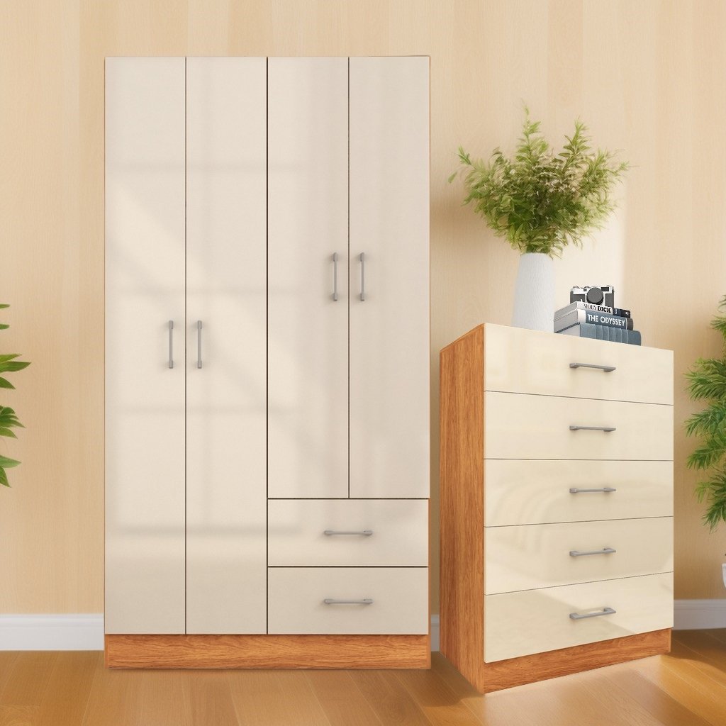 Guarda-Roupa 4 Portas Panamá 4002 + Cômoda 5 Gavetas Aruba Cinamomo/Off White – FELLICCI - Imagem 2