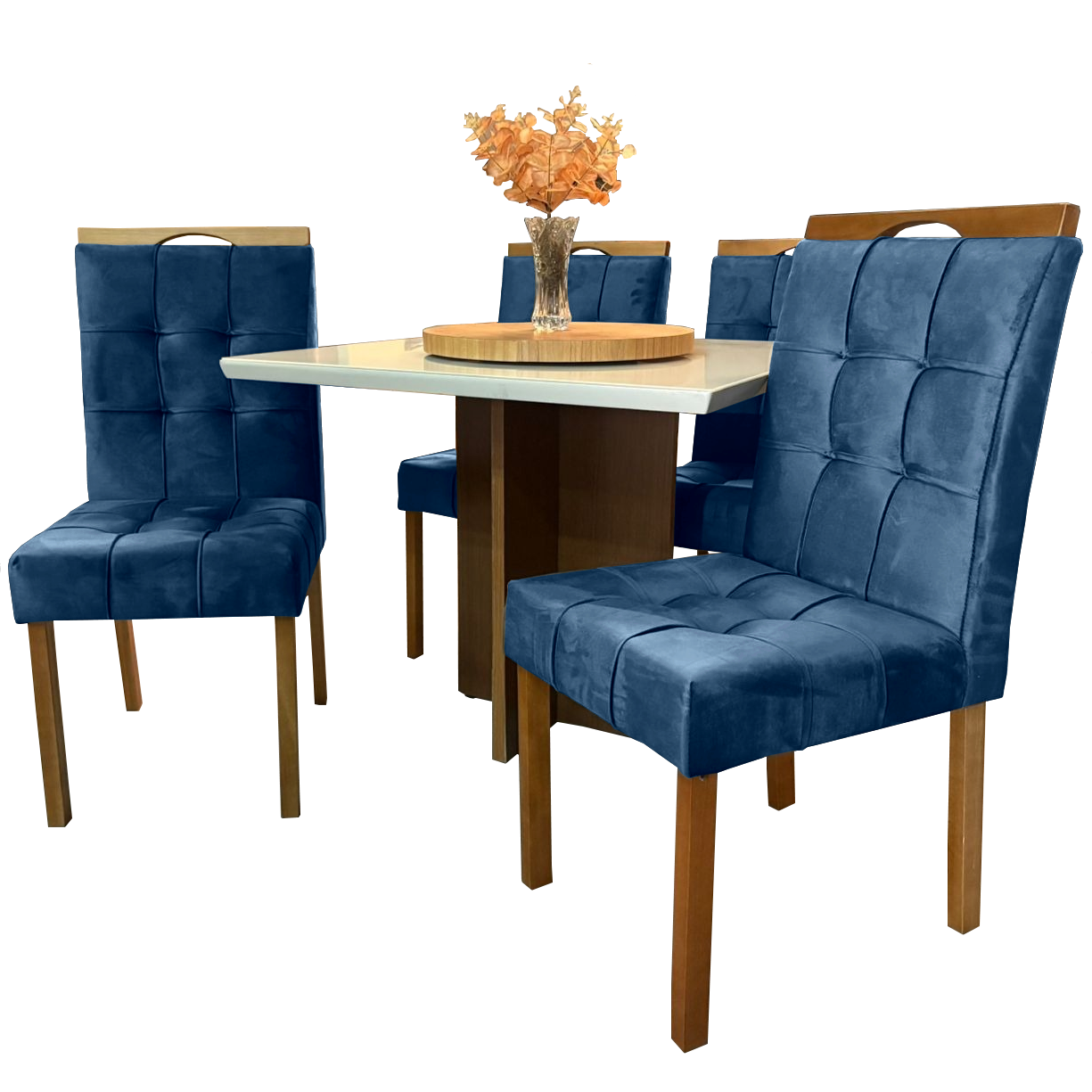 Mesa Salinas/Helô/Los Angeles 90 Cinamomo/Off White com 4 Cadeiras Sophia Veludo Azul – CEL MÓVEIS + WM DECOR - Imagem 3