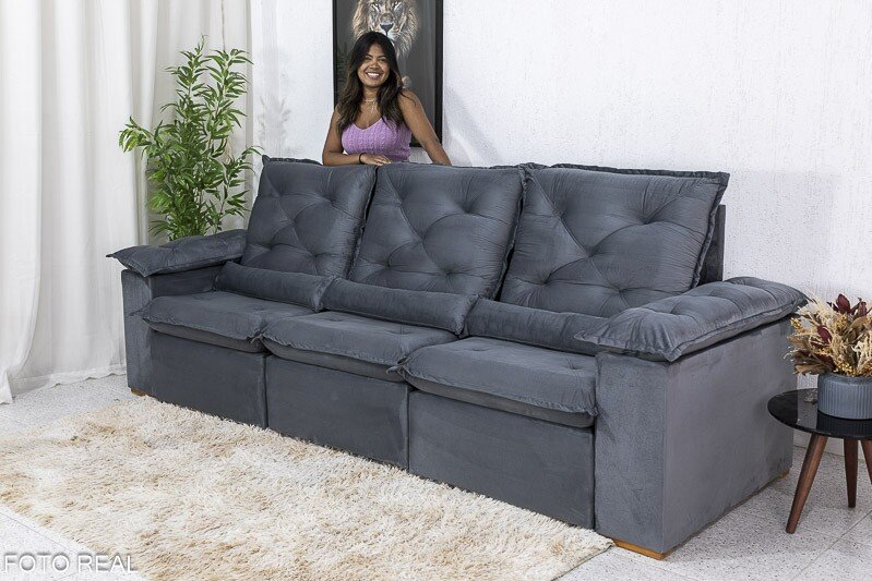 Sofá Retrátil Reclinável Roma 2.70m Veludo Cinza 20 - D28 Soft - Imagem 6