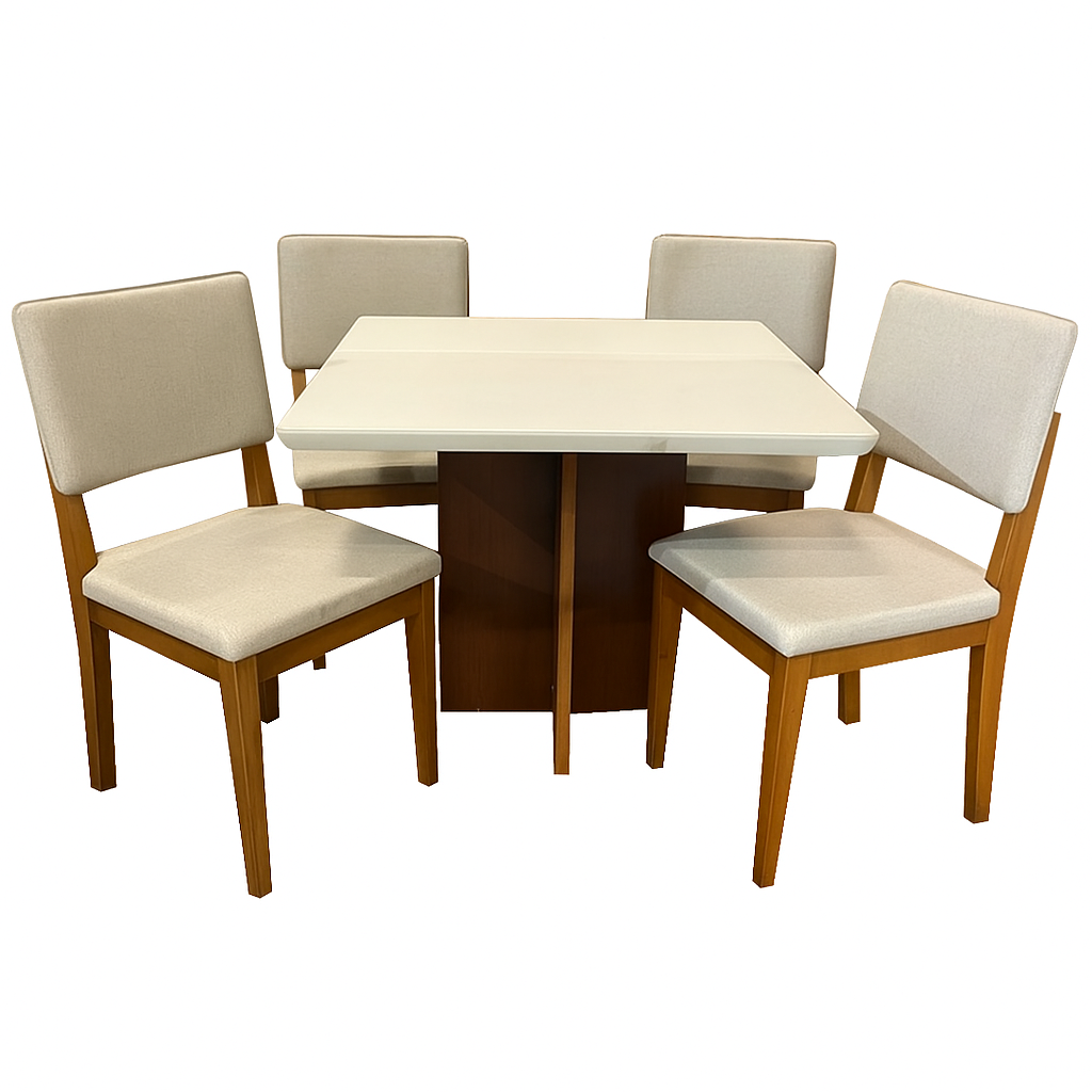 Mesa Salinas/Helô/Los Angeles 120 Cinamomo/Off White com 4 Cadeiras Pérola Linho Bege – CEL MÓVEIS+ DOBUÊ MOVELARIA - Imagem 3