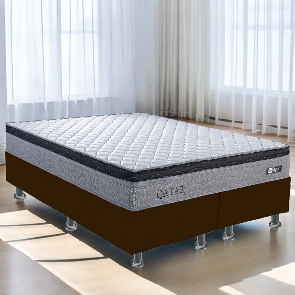 Colchão Queen Qatar D28 + Base Box Simples Corino Marrom – DESIGN COLCHÕES + BIOSTAR
