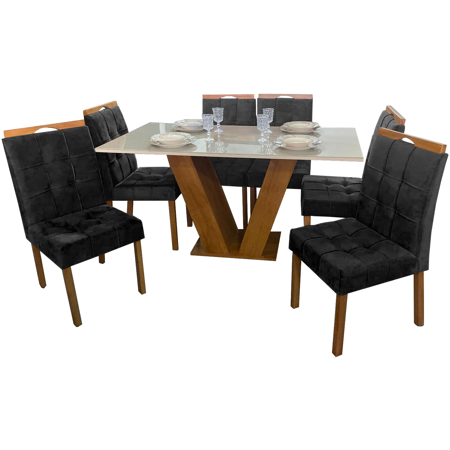 Mesa Classic 160 Cinamomo/Off White com 6 Cadeiras Sophia Mel/Veludo Preto – CEL MÓVEIS + WM DECOR - Imagem 3