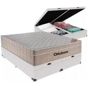 Colchão Queen Airtech Springpocket + Base Box Baú Corino Branco – ORTOBOM + ALTO NÍVEL CAMAS E COLCHÕES