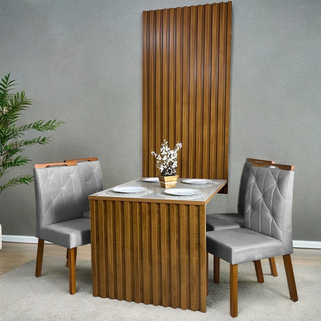 Mesa Cancun 120 Cinamomo/Off White com 4 Cadeiras Yasmim Veludo Cinza – CEL MÓVEIS + KM DECOR