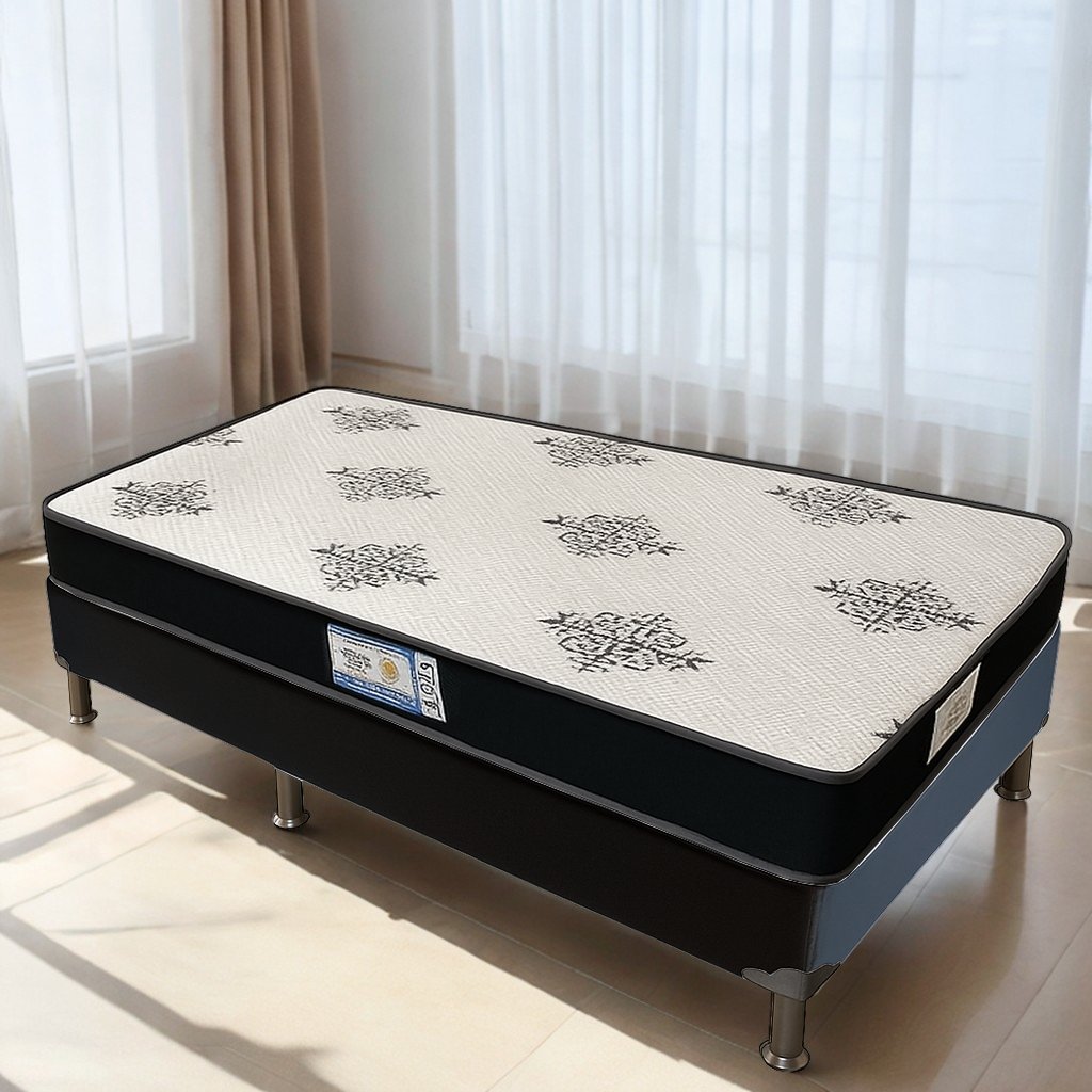 Colchão Solteiro Light D20 + Base Box Simples Corino Preto – ECOTEC + ALTO NÍVEL CAMAS E COLCHÕES