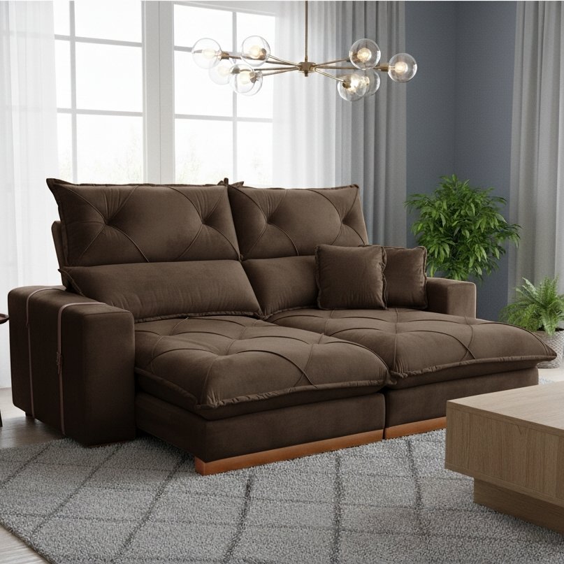 Sofá Retrátil e Reclinável Gran Bello Light 2,50 m Veludo Marrom – QUINE ESTOFADOS
