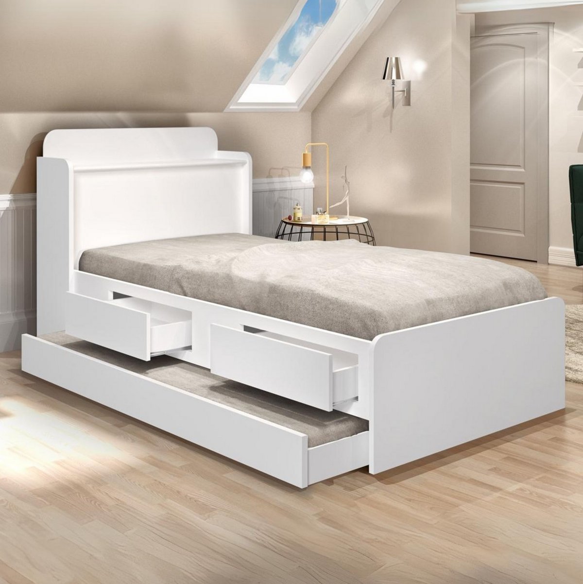 Cama Solteiro Baú Tamires + Auxiliar Mili Branco - MADEC/VJ MÓVEIS