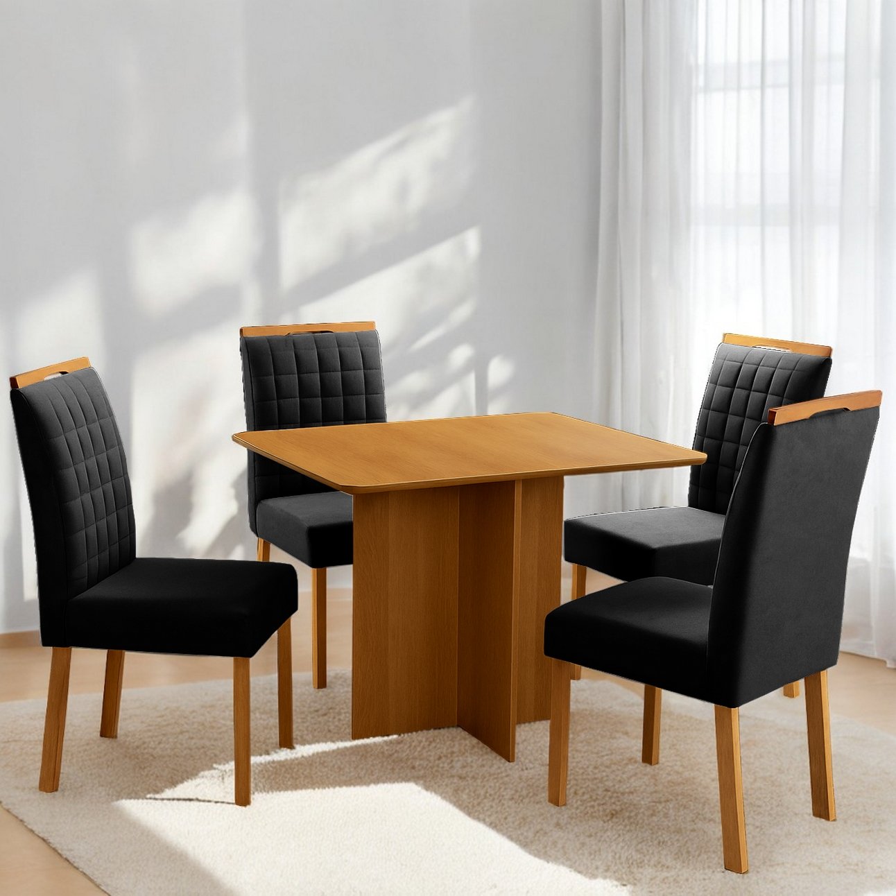 Mesa Pérola 120 Imbuia Mel (Tampo Viena s/vidro) + 4 Cadeiras Pandora 01 Veludo Preto 38 – CARVALHO DECOR