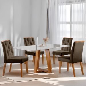 Mesa Ayres 120 Mel/Off White com 4 Cadeiras Yasmim Veludo Marrom – VIEIRA DECOR
