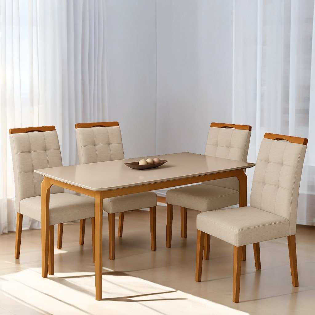 Mesa Alegra 120 Cinamomo/Off White com 4 Cadeiras Sophia Linho Bege 200 – JCM MOVELARIA + WM DECOR