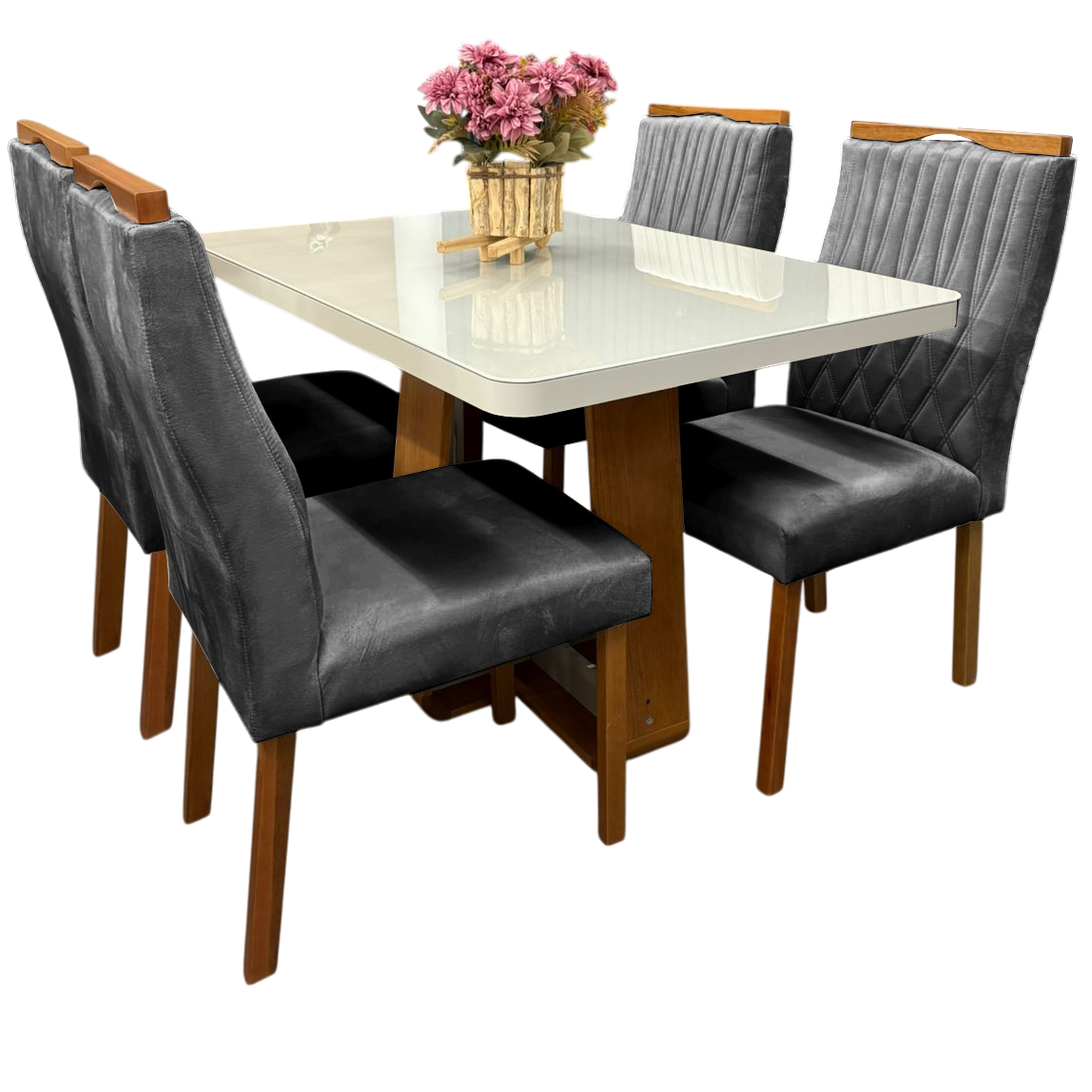 Mesa Sintonia (Tampo Maxi) 120 Amêndoa Clean/Off White com 4 Cadeiras Gênova Veludo Grafite – LOPAS + ART ASSENTOS - Imagem 4