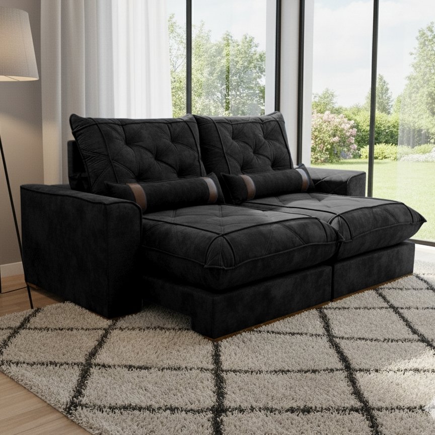Sofá Retrátil e Reclinável Poseidon 029 2,50 m Veludo Preto - VICAM ESTOFADOS