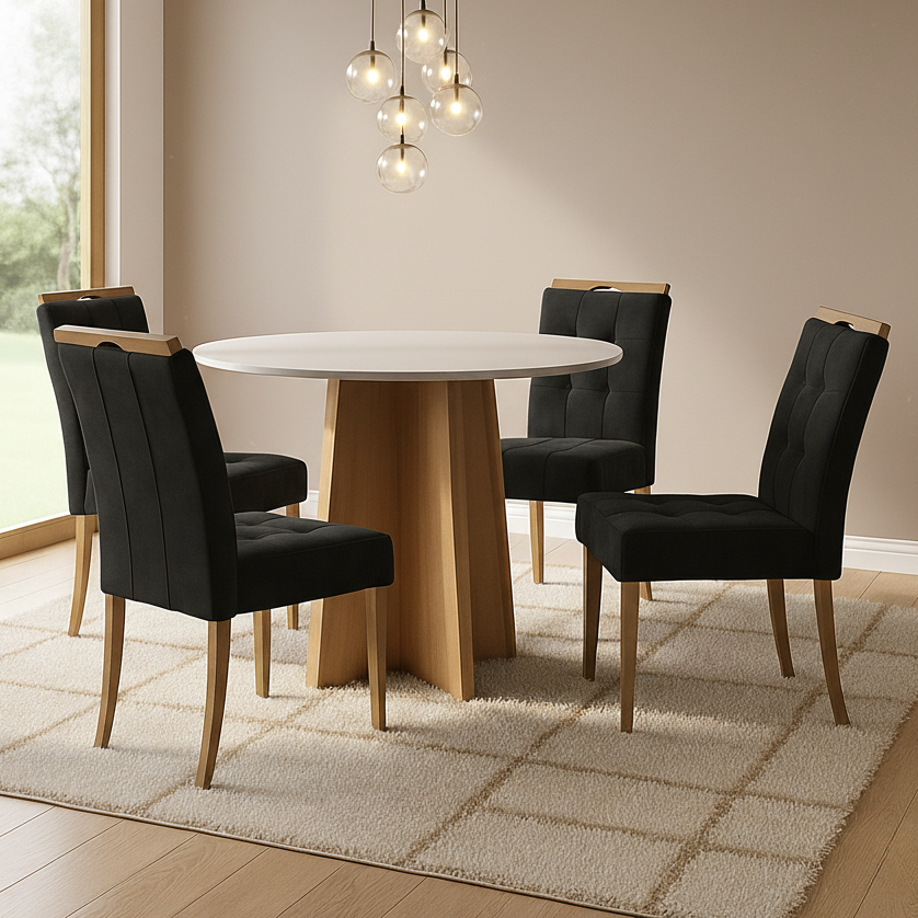 Mesa Redonda Celebrare 100 Amêndoa Clean/Off White com 4 Cadeiras Sophia Veludo Preto – LOPAS + WM DECOR