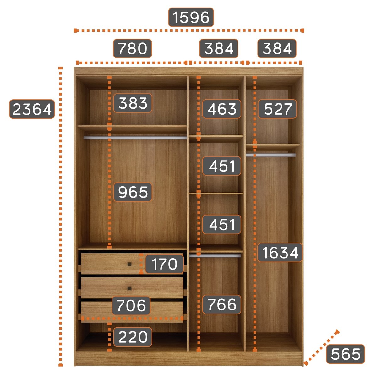 Guarda-Roupa Modulado Rizon 001(Dois Módulos 4 Portas + Um Módulo Canto Oblíquo) Cumaru/Fendi - NOVO HORIZONTE - Imagem 4