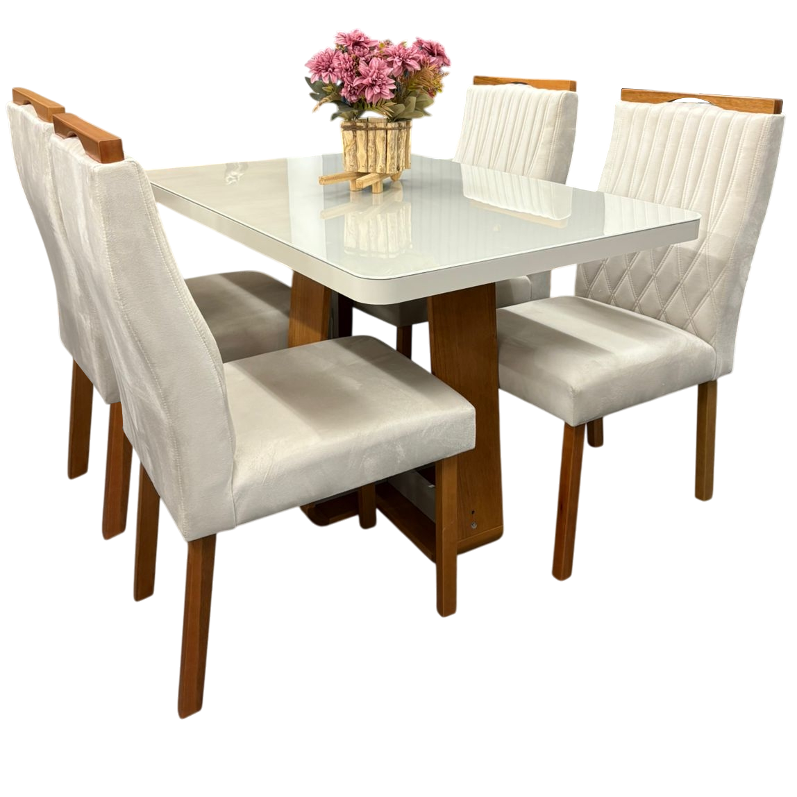 Mesa Sintonia (Tampo Maxi) 120 Amêndoa Clean/Off White com 4 Cadeiras Gênova Veludo Marfim – LOPAS + ART ASSENTOS - Imagem 5