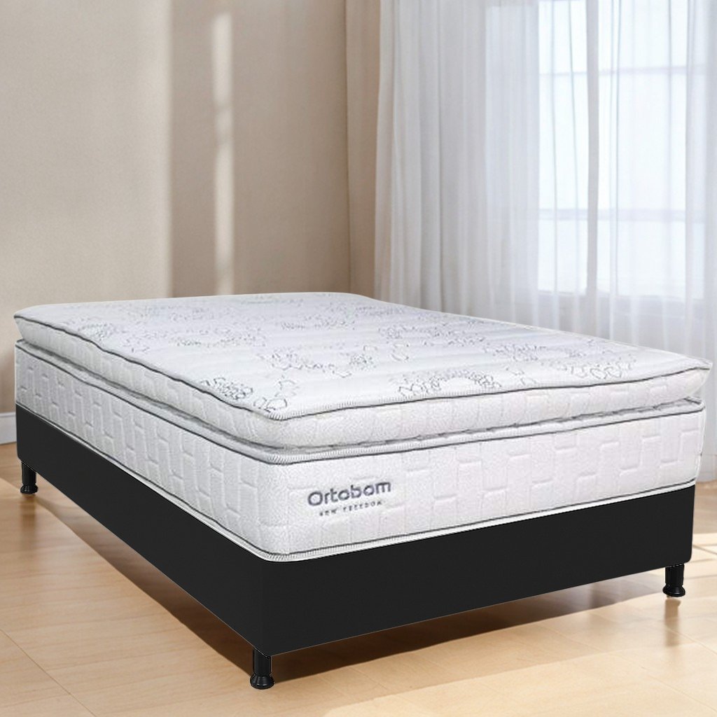 Colchão Casal New Freedom + Base Box Simples Corino Preto – ORTOBOM + ALTO NÍVEL CAMAS E COLCHÕES