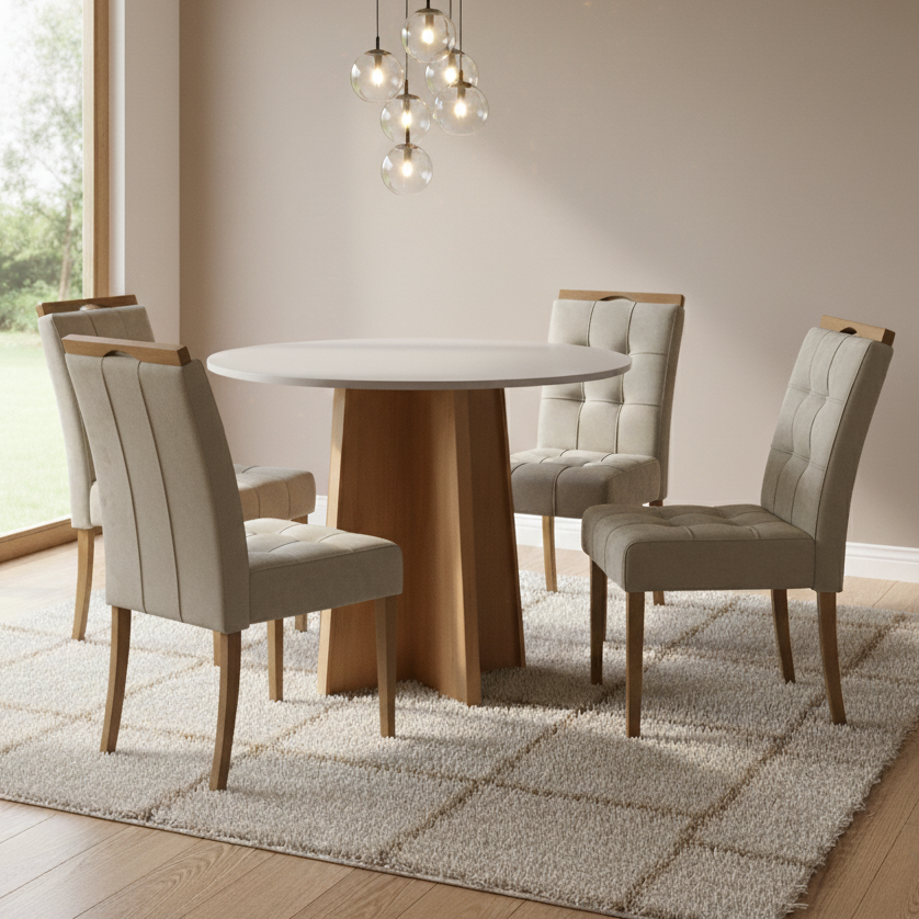 Mesa Redonda Celebrare 100 Amêndoa Clean/Off White com 4 Cadeiras Sophia Veludo Bege – LOPAS + WM DECOR