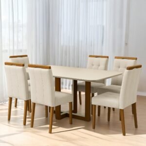 Mesa Atlas Mel/Off White Canto Copo 160×80 com 6 Cadeiras Sophia Linho Bege 200 – ART ASSENTOS + WM DECOR