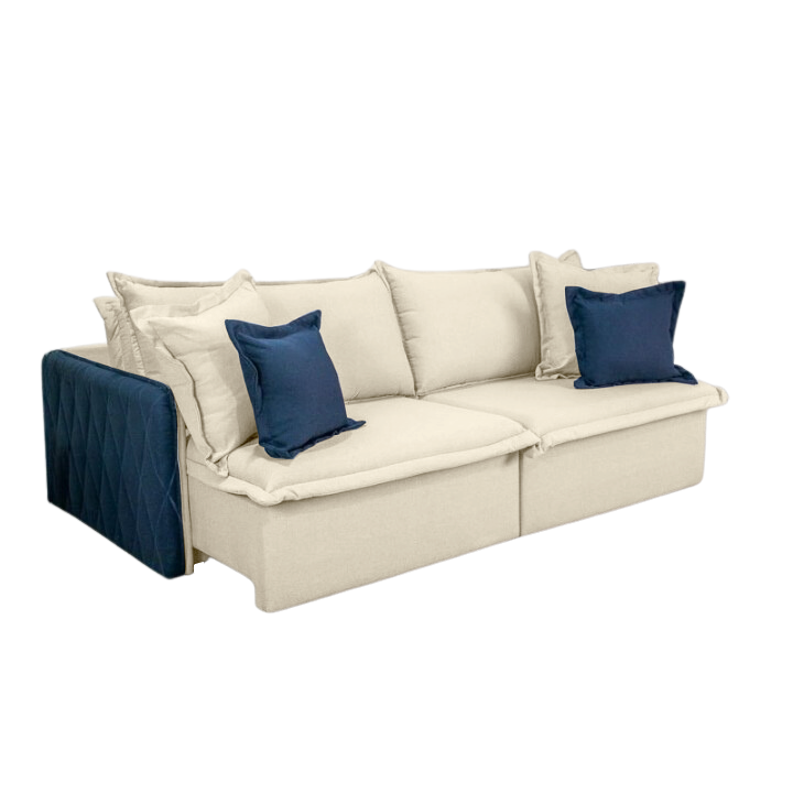 Sofá Cama Retrátil Blog 2,20 m Veludo Marfim/Azul - INNOVE ESTOFADOS - Imagem 2