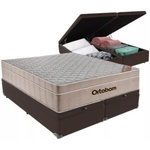 Colchão Queen Airtech Springpocket + Base Box Baú Corino Marrom – ORTOBOM + ALTO NÍVEL CAMAS E COLCHÕES