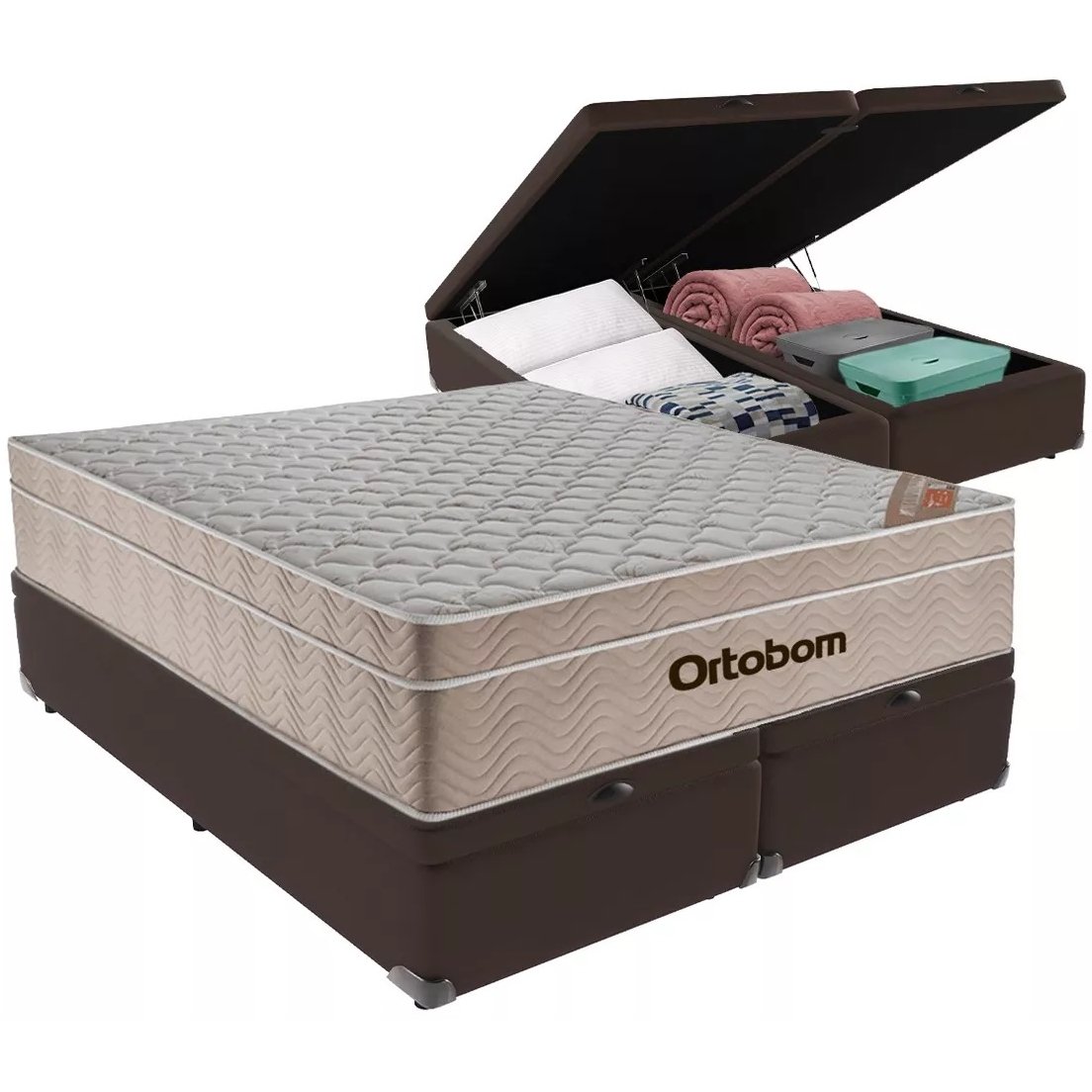 Colchão Queen Airtech Springpocket + Base Box Baú Corino Marrom – ORTOBOM + ALTO NÍVEL CAMAS E COLCHÕES