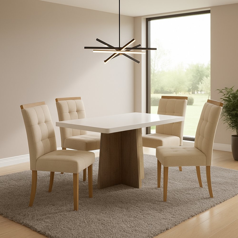 Mesa Jade 120 (Tampo 40 mm) Cinamomo/Off White com 4 Cadeiras Sophia Linho Bege 200 – VALDEMÓVEIS + WM DECOR