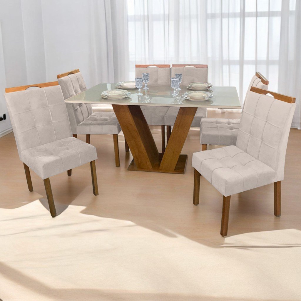 Mesa Classic 160 Cinamomo/Off White com 6 Cadeiras Sophia Mel/Linho Bege – CEL MÓVEIS + WM DECOR