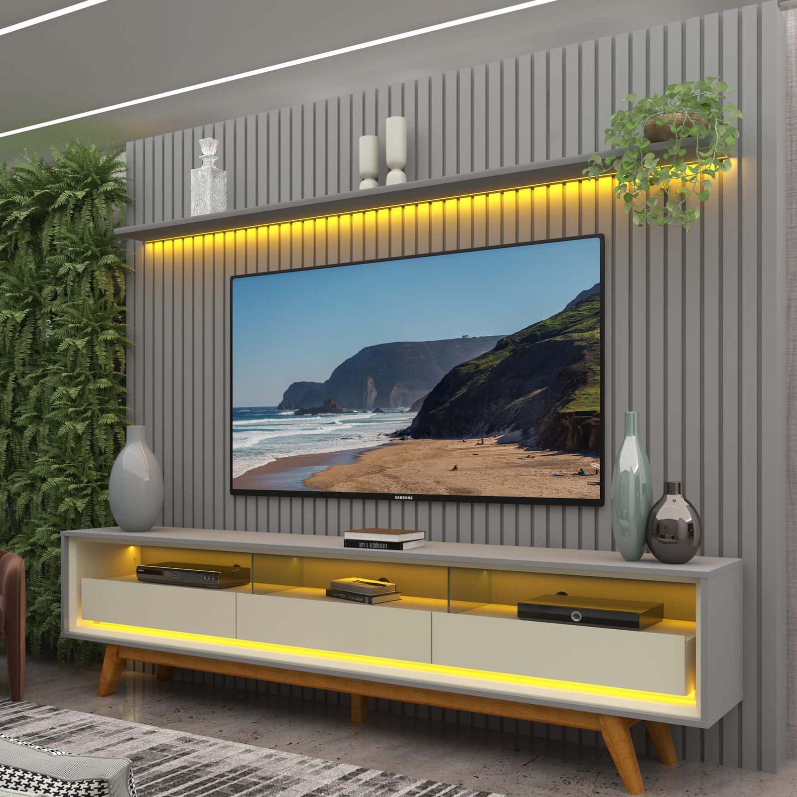 Painel até 85″ Nobre 230 Cinza + Rack Requinte 212 Cinza/Off White – GELIUS