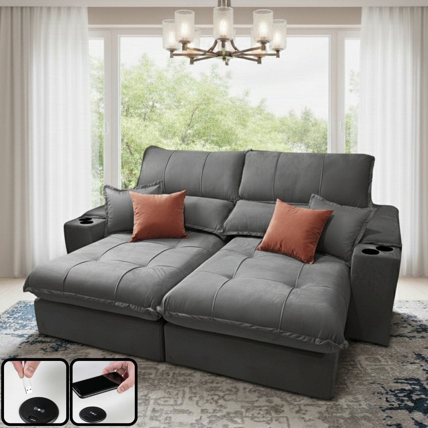 Sofá Retrátil e Reclinável Afrodite Slim 2,50 m Veludo Cinza Grafite 101 – ZARAT ESTOFADOS