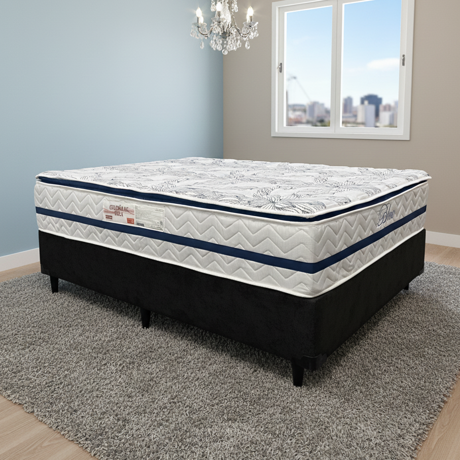 Colchão Casal Blue D33 + Base Box Simples Corino Preto - PAROPAS + BIOSTAR