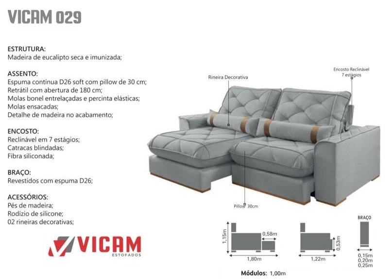 Sofá Retrátil e Reclinável Poseidon 029 2,50 m Veludo Cinza Grafite - VICAM ESTOFADOS - Imagem 3