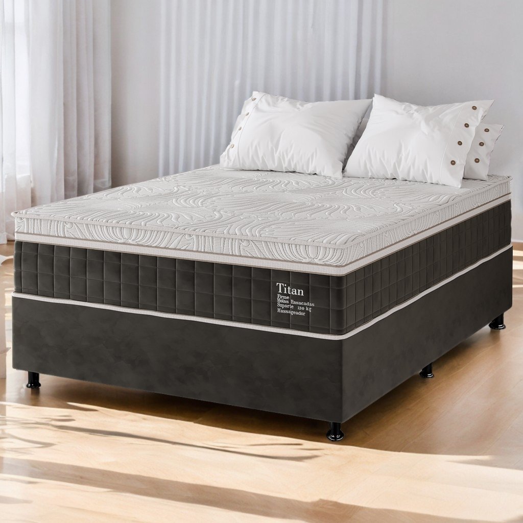Colchão Casal Terapêutico Massageador Titan/Thor D28 + Base Box Simples Corino Preto – VIERO MÓVEIS + BIOSTAR