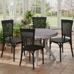 Mesa Deluxe 90 Nude com 4 Poltronas Robust Palha Preto– FORTE PLÁSTICO