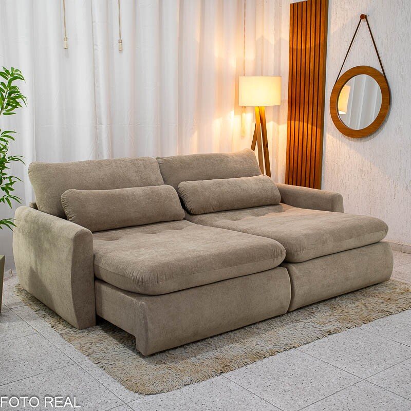 Sofá Retrátil Amaranto Premium 2.30m Veludo Plush Bege - Sem Caixa