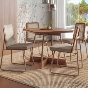 Mesa Átria 1593 Quadrada 90 Rosê Cobre/Nogal Freijó com 4 Cadeiras Wood 1751 Rosê Cobre/Areia/Freijó - CARRARO