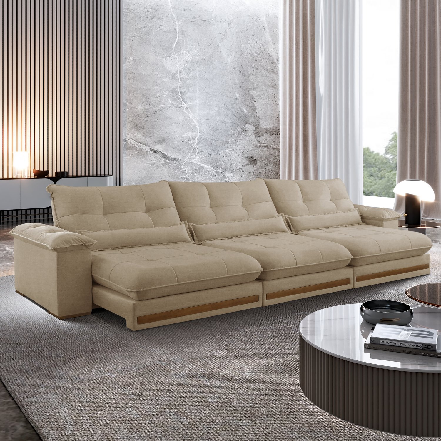 Sofá Retrátil e Reclinável Qatar 3,50 m Linho Bege A227– TREVO ESTOFADOS
