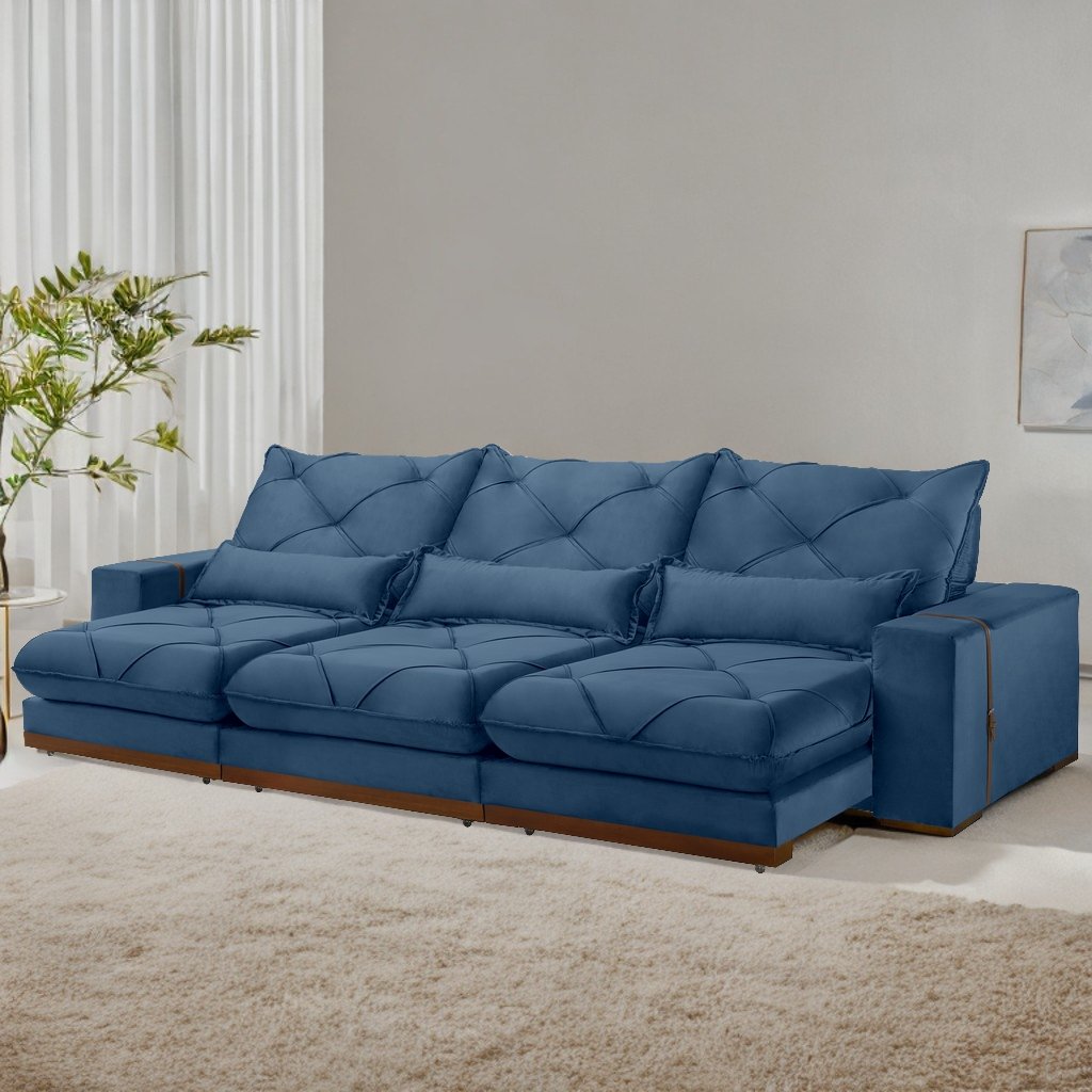 Sofá Retrátil e Reclinável Bahia 3,50 m Veludo Azul 606 - A&D ESTOFADOS