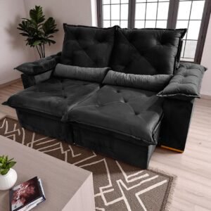 Sofá Retrátil e Reclinável Porto Madero/Brasão 2,00 m Veludo Preto - IMPERIAL DECOR
